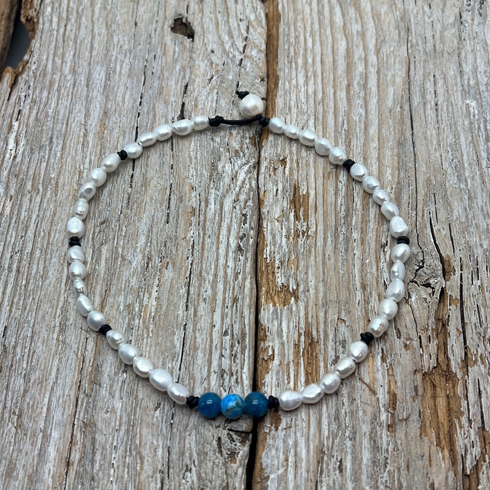 Seaside Pearls Aqua Apatite Beaded Freshwater Pearl Leather Choker Necklace New